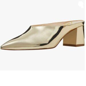 YDN Metallic Gold Retro Pointed Toe Mules Pumps Block Mid Heel Slip On Sandal